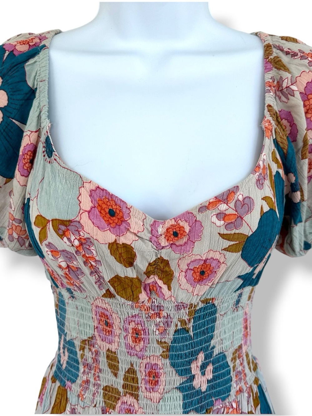 Angie Teal, Pink and Brown Floral Puff-Sleeve Smocked Mini Dress - Picture 2 of 7